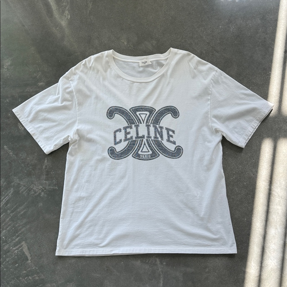 Celine White Short Sleeve Tee with Gray Logo
